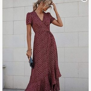 Prettygarden maroon floral wrap dress- LIKE NEW